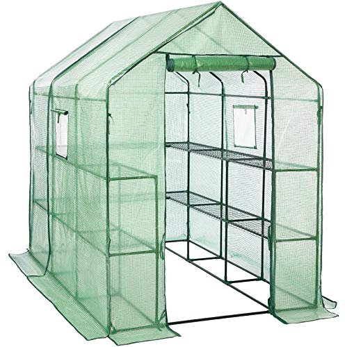 LARMNEE Serra da Giardino, Vivaio per Piante con 14 Ripiani, 212 x 145 x 147/198 cm, con finestrela, Anti UV, per Pomodori, Frutta, Fiori, Piante, per Balcone, Terrazza, Cortile, Verde EGN13GH02G1