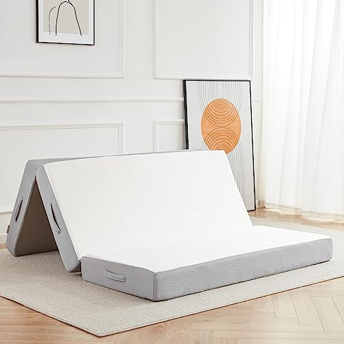 Lazyzizi Folding Mattress, 6 Inch Memory Foam Tri-fold Mattress with Breathable & Washable Bamboo Fiber Fabric Cover, Foldable Floor Guest Bed for Camping, Road Trip, Full