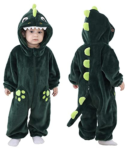 Doladola Unisex sparkdräkt för småbarn, baby-overall med huva, tecknad serie-pyjamas(2-3 år, Mörkgrön Haj)