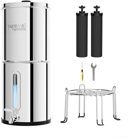 Purewell 8,5L Gravity Water Filter System – Stainless Steel Countertop with 2 Filters, Stand & Water Level Window – Removes 99% Chlorine for Home, Camping & Survival