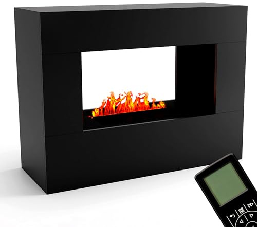 GLOW FIRE Wasserdampf Kamin KONSALIK (Standkamin) - Elektrokamin mit realistischen LED 3D-Flammen, Knistereffekt & Fernbedienung, 120x90x45 cm - Opti-Myst 500 Elektro Kamin, Schwarz