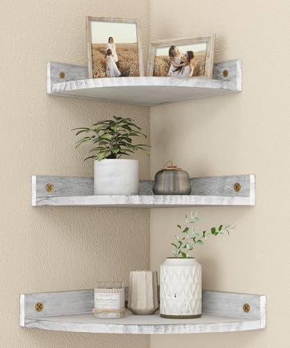 Petrala Corner Shelf Hanging Wall Mounted White Floating Shelves Rustic Corner Wall Shelf for Display Storage Decor Plant Set of 3 Shelving Unit for Bathroom Living Room Bedroom Kitchen