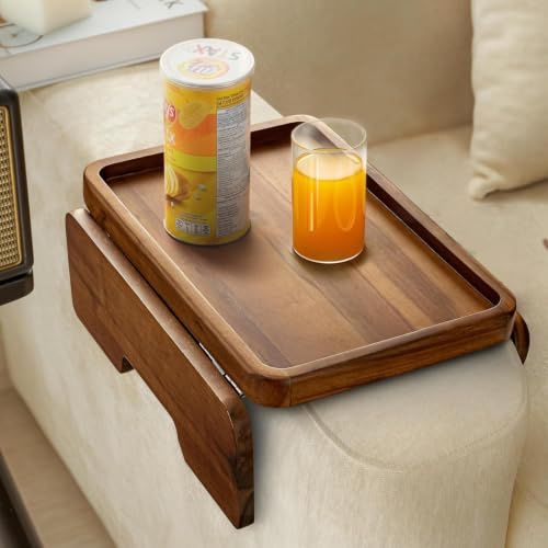 HOLANA Armlehnentablett aus Akazienholz, 34,9 x 24,1 cm, Doppelscharnier, Tisch-Clip, Beistelltisch zum Essen und Trinken (Akazie, 34,9 cm T x 24,1 cm)