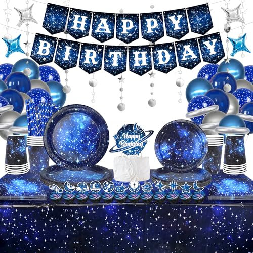 Space Galaxy Party Geschirr Set, inklusive Banner, Teller, Cupcake-Topper, Servietten, Becher, Tischdecke, Luftballons, Folienballons, für 20 Gäste, Galaxie, Weltraum, Thema,