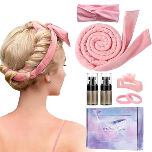 Mooshy Heatless Curlers Headband - 7 pcs Heatless Hair Curler Set Pink Soft Velour No Heat Hair Curlers Overnight for Women Long Medium Short Wave Hair Volume for Sleeping Overnight Gift Set
