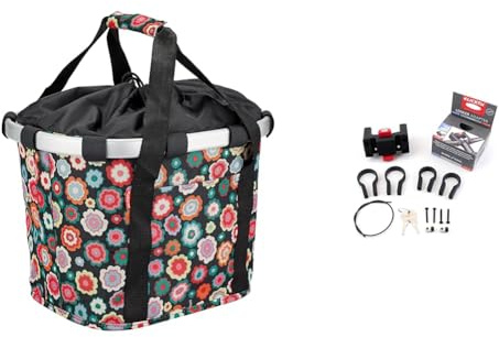 KLICKfix Unisex – Erwachsene Happy Flowers Fahrradkorb, Bunt, 15 Liter & Zubehör Lenkeradapter mit Schloss, Schwarz, 26.0 & 32.0mm