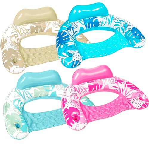 SLOOSH Inflatable Pool Floats Adult, 4 Pack Pool Chairs with Cup Holders,Blow up Floats Chair,Hammock Noodle Mat Leaves Design for Summer Water Fun Swimming Party Beach,Blue, Cyan, Pink, Champagne