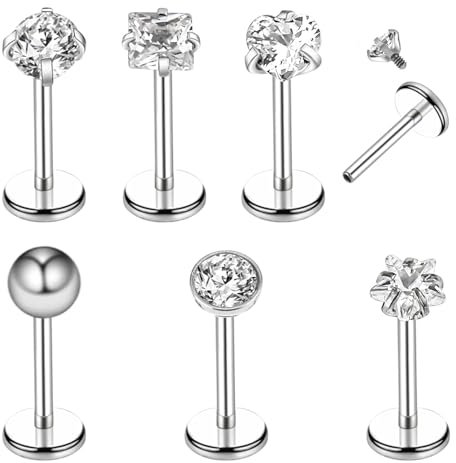 Tucnoeu 6 Stück Tragus Piercing Silber Lippenpiercing Tragus Piercing Ohrpiercing Helix Piercings Chirurgenstahl Schmuck Set 8mm Stab mit Zirkonia für Männer und Frauen