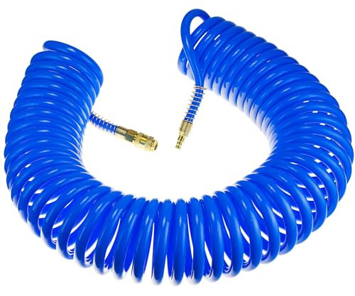 Tubo a spirale ad aria compressa SP-PU 15 m, tubo dell'aria compressa 10/14 mm in PU, pressione massima 10 bar, con protezione antipiega e attacco rapido, adatto per utensili pneumatici