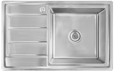 Omeere 80x50x21cm Fregadero de cocina de acero inoxidable 304 de 0,9 mm,Fregadero empotrado 1 seno,pequeña rectangular R16 (escurridor izquierdo y plateado)
