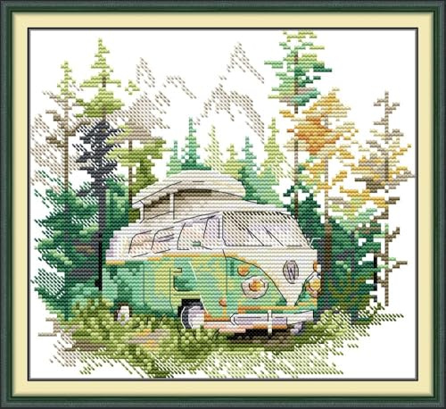 Gofission Kreuzstich-Set für Erwachsene, Anfänger, alter Campingbus, vorgedrucktes Kreuzstich-Stickset mit Zubehör, Wanddekoration, 26 x 21 cm (Bus)