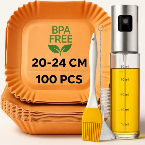 CREADY Papel Para Freidora de Aire 100 Piezas Extra Grueso [20-24CM] + Spray de Aceite | Accesorios Freidora de Aire | Papel Air Fryer Cuadrado | Accesorios Airfryer | Air Fryer Cosori 5,5 y Más