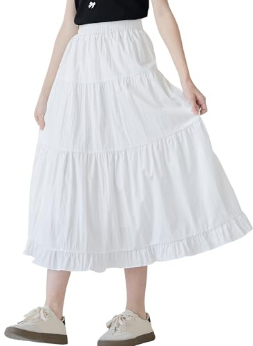 SEAUR Jupe Longue Fille Taille Élastique Élégante Maxi Jupe à Volants D'été Couleur Unie Enfant 130-165=(122-164 UE)