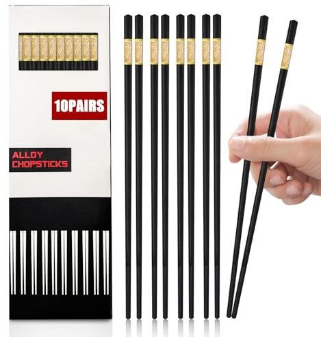 Jiaoshou Pan 10 Paar Fiberglas-Essstäbchen, Spülmaschinenfest und Wiederverwendbar, Japanische Essstäbchen, Stäbchen Schwarz Legierung 24CM für Sushi und Asiatische Gerichte (Golden Ruyi)