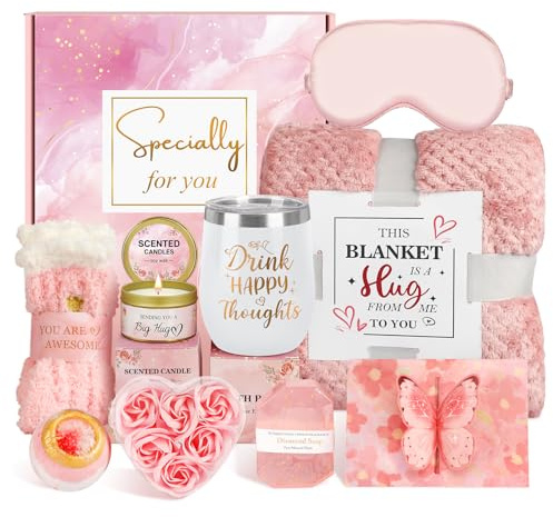 Cadeaux d'anniversaire pour femmes - Cadeaux de Noël pour elle - Kit de soins personnels unique - Obtenez bientôt un panier rose relaxant - Kit de spa relaxant avec couverture - Pour petite amie, mère
