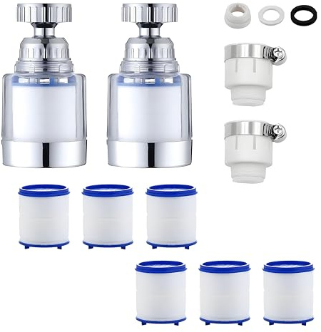 Wasserhahn‑Filter‑Set mit austauschbaren PP‑Filterelementen, 2‑Stück‑Set | 2 Wasserhahn‑Filter mit 360°‑Drehung inkl. 6 PP‑Filterelementen für Küche, Spüle und Badezimmer