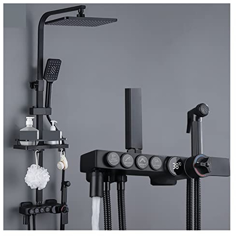 HTTGDGDH Panel De Ducha, Grifo Termostático Negro para Bañera Y Ducha, Grifo De Bañera con Repisa, Flujo De Agua Que Produce Electricidad.（Black Cold Hot-1）