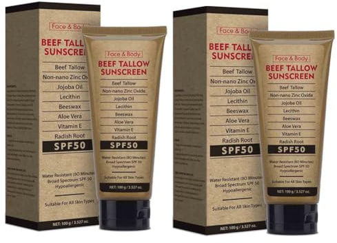 2PCS Organic Grass-Fed Beef Tallow Sunscreen, SPF50 Face & Body Sunscreen Waterproof and Sweat-proof Non-Greasy Formula for Face and Body