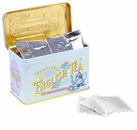 New English Teas | Tè Nero English Breakfast Decaffeinato - 40 Filtri (80 Grammi) | Tè Nero Ceylon Decaffeinato in Lattina Regalo Metallo Decorata