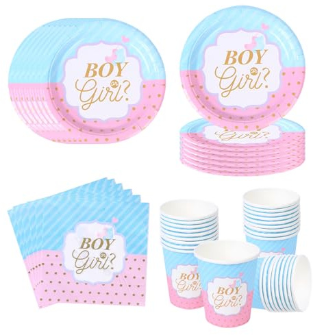 Gender Reveal Party Deko Vajilla Set para 20 invitados, Vajilla decoración revelación de género, Incluye platos, vasos y servilletas de papel, para Baby Showers, Boy or Girl, Fiestas de Gender Reveal