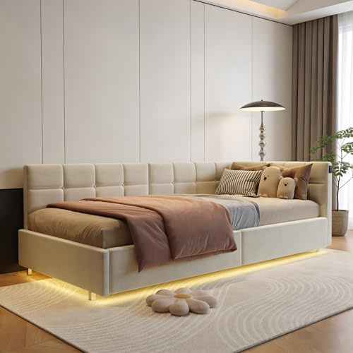 Polsterbett Kinderbett 90x200 mit LED und USB-Anschlüssen, Polsterbett Schlafsofa mit Hydraulischem Stauraum, Jugendbett Einzelbett Bettgestell mit Lattenrost, Ohne Matratze, Samt (Beige, 90x200)