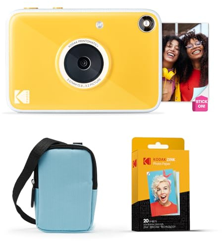 Kodak Printomatic+ Instant Print Digital Camera Starter Bundle + Carrying Case (Blue) + Zink 20pk Sticky-Back Photo Paper - 10MP, Full-Color Photos, GB LED Status Indicator - Yellow