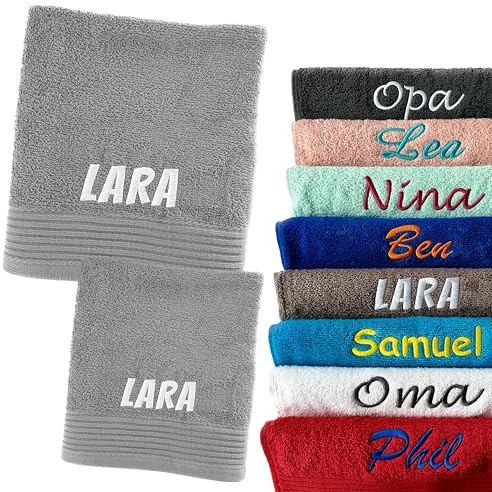 Schnoschi Handtuch 2er Set grau 30 x 50 cm Gästehandtuch und 50 x 100 Duschhandtuch personalisiert mit Namen, Motiv, Initialen oder Wunschtext Bestickt, 100% Baumwolle, 450 g/m²