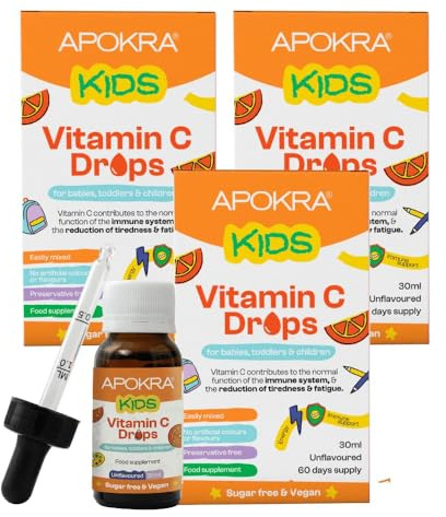 Vitamin C Drops - Vegan - 180 Days Supply – 3 x 30mL – Preservative Free and Sugar Free Vitamin C for Kids - VIT C 25mg per 0.5mL | APOKRA Kids