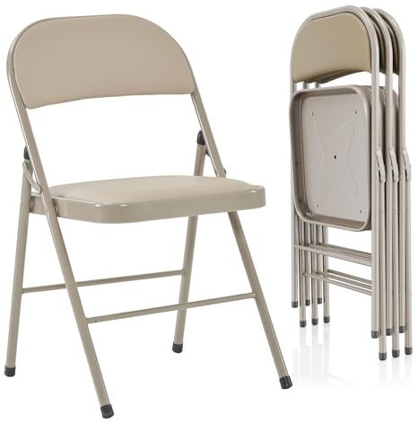 Bonnlo Klappstuhl 4er Set aus Stahl, Gepolsterte Klappstühle mit Leder, Stabiler Stahlrahmen, bis 150 kg, Faltbarer Stuhl für Veranstaltungen, Messen, Büro & Zuhause, Hellbraun