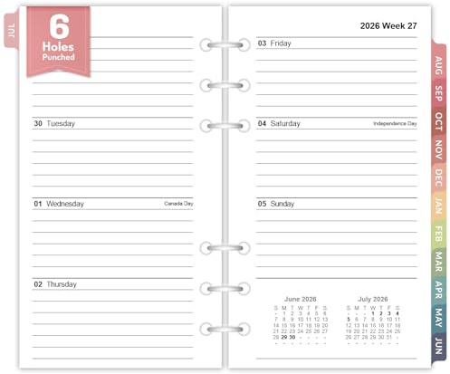 2026 Weekly & Monthly Planner Refills for A6 6-Ring Binders, July 2026 - Jun 2027, Forvencer 6-Hole Punched Planner Inserts with Colorful Monthly Tabs, Pocket Calendar Organizers, 3-3/4 x 6-3/4