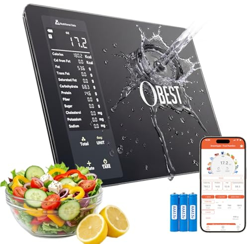 OBEST Digital Küchenwaage mit 30 Nährwertberechnung, 10kg/1g Smart Küchenwaage mit Kalorienzähler, Bluetooth Lebensmittelwaage für die Gewichtsverlust, LCD-Display Ernährungswaage, Tara Funktion