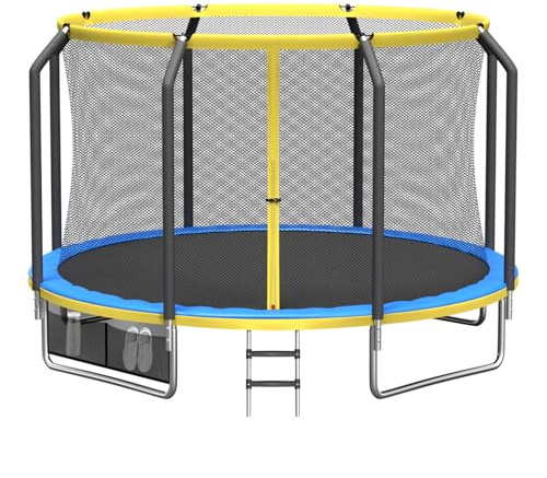 Panana 8ft / 10ft / 12ft / 14ft Outdoor Garden Trampoline with Safety Enclosure Net, Non-Slip Ladder & Shoe Storage Bag, Heavy Duty Recreational Fitness Trampoline for Garden Fun (10FT)