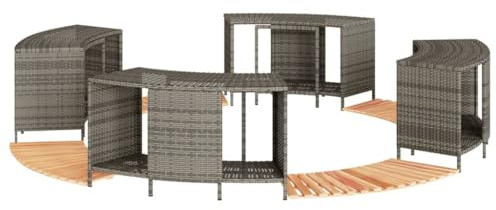 Grey Poly Rattan and Solid Acacia Wood Hot Tub Surround with Storage Space UV Resistant 78/112 x 45 x 55 cm Includes Steps for Garden Pool, Hottub, Jacuzzi, Above Ground Pool