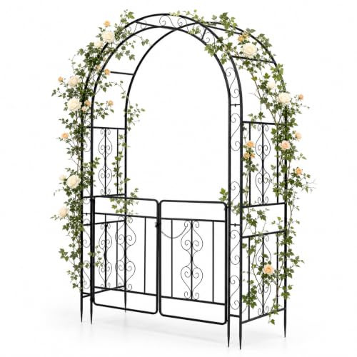 HOMASIS Rosenbogen mit Tür, Metall Gartenbogen mit Rankgitter & 2 Pflanzkästen, Gartentor stabil wetterfest, Rankhilfe für Kletterpflanzen, Spalier Torbogen für Hochzeit Garten Partys (135x60x213cm)