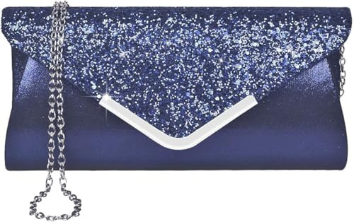 Fioeyr Women Glitter Envelope Clutch Bag Elegant Sequins Evening Clutch Purse Chain Shoulder Bags Sparkly Silver Evening Bridal Prom Party Handbag Purse