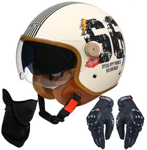 VHVYWY Casque de Moto 3/4 Vintage avec Double Visière, Homologué ECE, Demi-Casque Jet Rétro pour Enfant, Jeune, Homme et Femme 02