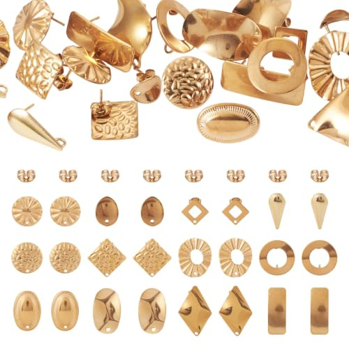 PandaHall - 24 orecchini a perno in acciaio INOX, con anellino, 12 stili, color oro, con chiusure a farfalla, per la realizzazione di orecchini e gioielli fai da te