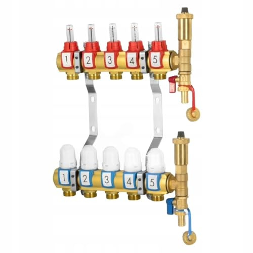 KNM Trade Heizungsverteiler Messing Set 5 Heizkreise Messing | Absperrkugelhähne, Heizkreiskontrolle, Fußbodenheizung kompatibel, Entlüftungsventile, PEX flexibel, ≤10 bar