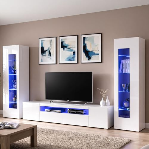 Dmora - Ensemble Mural Enzo, Meuble TV pour Salon, Meuble de Salon Polyvalent avec lumière LED, 100% Made in Italy, 290x40h162 cm, Blanc Brillant