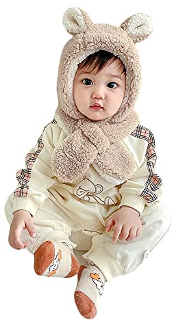 2 In 1 Baby Winter Hat Scarf Set Kids Toddler Hoodie Scarf Earflap Hat Children Thermal Balaclava Hat Neck Warmer Warm Hood Hat Fleece Lined Hat Scarves with Ears for Boys Girls 6 Months-4 Years