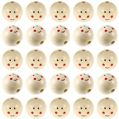 SAFIGLE 20 Stück, Holzfarbe, Gesicht, Puppenkopf, Holzperlen, 25 mm, runde Naturholzperlen, Gesicht, Bulk-Holzperlen, runde Abstandskugel-Perlen zum Basteln, Dekorieren, Basteln