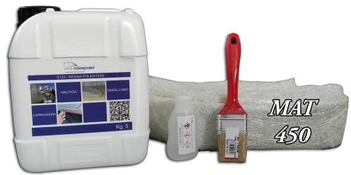 KIT VETRORESINA POLIESTERE 7.25 KG - RESINA LIQUIDA 5 KG - 5 MQ DI MAT 450 (2.25 KG) - PENNELLO PER RIPARAZIONE - SETTORI BARCHE, AUTOMOBILI, CAMPER