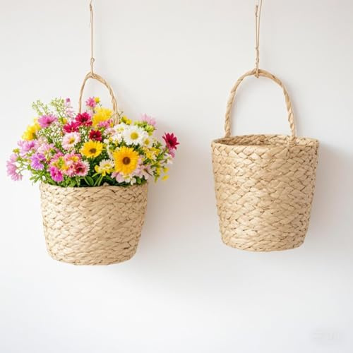 Cabilock Hängender Wandkorb Aus Geflochtenem Seegras 2Er Set Großer Aufbewahrungskorb Für Frische Und Getrocknete Blumen Wanddekoration Im Zuhause 10X14X7 Zoll