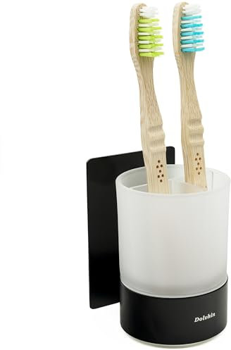 Dolvhin Zahnputzbecherhalter ohne Bohren | Milchglas Zahnputzbecher zum Kleben | Zahnbecher & Wandhalterung Zahnbürstenhalter Edelstahl | Zahnbürstenbecher & Zahnbürsten Organizer | Schwarz Matt