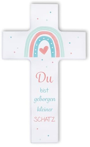 Fritz Cox Holzkreuz Du bist geborgen kleiner Schatz | Herz unterm Regenbogen | christliches Geschenk für Kinder 20cm