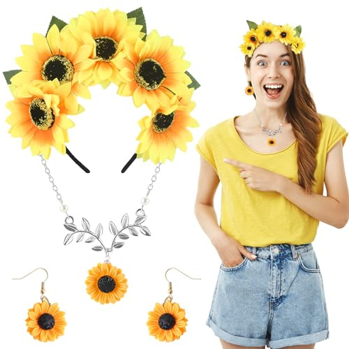 Lets Joy Sonnenblumen Stirnband, 3PCS Sonnenblumen Schmuck Accessoires Set, Halskette Ohrringe, Blumen Haarband Party Zubehör