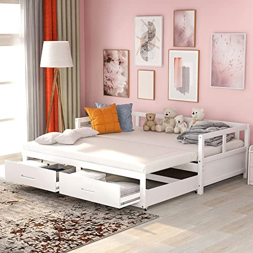 MQLAE Kinderbett 90/180x200 cm, Ausziehbares Schlafsofa mit 2 Schubladen, Einzelbett mit Lattenrost Lattenrosten, Umwandelbar in Doppelbett, Tagesbett mit Stauraum, Jugendbett Sofa Couch Bett (Weiß)