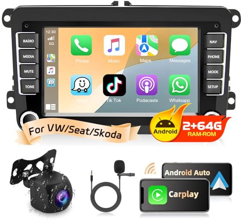 Podofo Estéreo para Coche para VW Golf 5 6 Polo Seat Skoda con Apple Carplay Android Auto, 2 GB + 64 GB, Doble DIN, Compatible con GPS, Bluetooth, WiFi, FM, RDS, Cámara de Visión Trasera y Micrófono