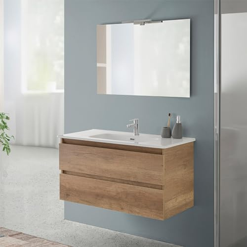 Inbagno Mobile Bagno Sospeso 100 cm Rovere Naturale – Mobiletto Con Lavabo In Ceramica E 2 Cassettoni Soft-Close – Linea Nadia