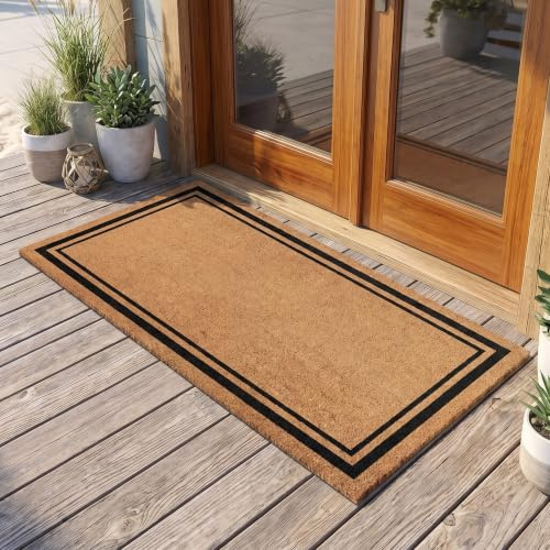 Kempf Black Border Coco Coir Doormat – Heavy Duty Natural Fiber Welcome Entrance Front Door Mat with Non-Slip Backing, Outdoor Indoor, 36 x 72